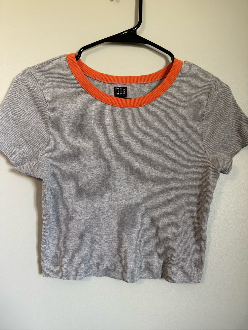 BDG Grey Ribbed Crop Top with Orange Crew Neck
